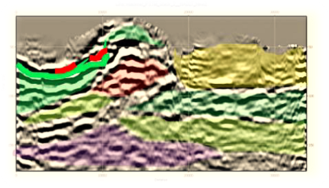 Sección sísmica 2D interpretada por Flores Energy